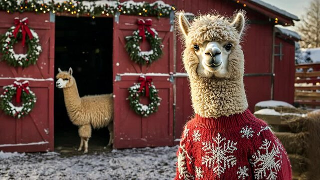 A fluffy alpaca in a winter-themed sweater with snowflakes, picture
