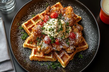 A Plate of Chicken and Waffles on a Black Table - Top View