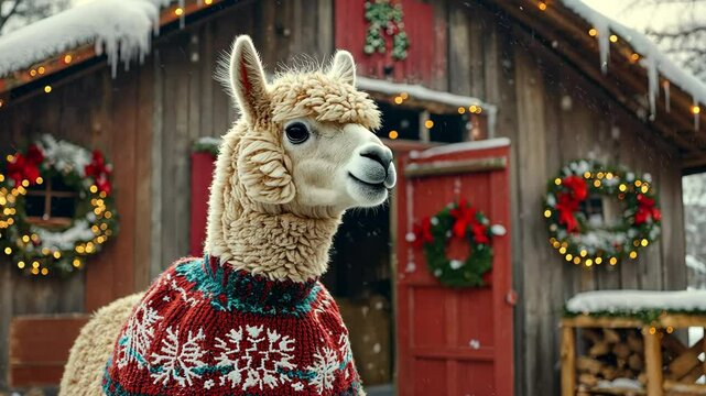 A fluffy alpaca in a winter-themed sweater with snowflakes, picture