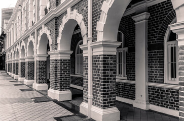 The brick walls, arches and pilasters of the Jinrikisha Station in Singapore