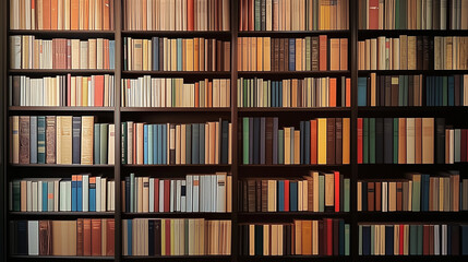 A vibrant wide shot of a tall bookshelf packed with neatly arranged colorful books. The warm lighting highlights a cozy, inviting atmosphere, perfect for book lovers.
