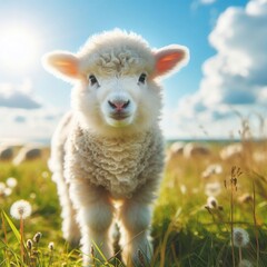 Obraz premium A little lamb in the meadow amidst green grass and flowers in sunny weather