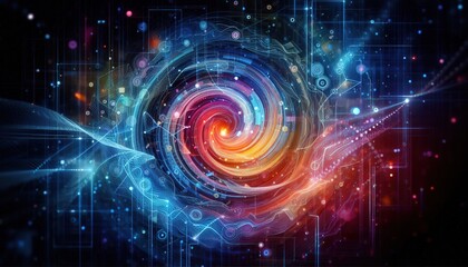 Obraz premium technological abstract background with spiral curls, lines, light, particles in dark tones