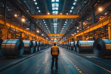 Obraz premium Industrial Warehouse Interior with Worker Surrounded by Steel Coils and Overhead Cranes in a Modern Manufacturing Facility