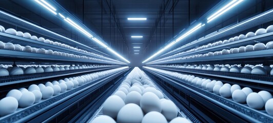 Obraz premium Endless Rows of Eggs in a Modern Egg Farm: A Futuristic Agricultural Image