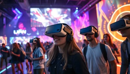 Fototapeta premium A virtual reality VR gaming arena with players wearing advanced headsets, surrounded by immersive 3D environments