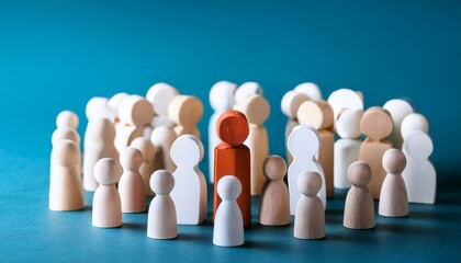 a paper cut of of a crowd of diverse people; wooden figures around the leader	
