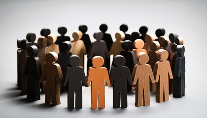 a paper cut of of a crowd of diverse people; wooden figures around the leader	
