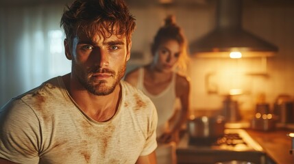 A rugged man, appearing sweaty and focused, stands prominently in a kitchen, exuding intensity and determination while facing life’s challenges with strength.