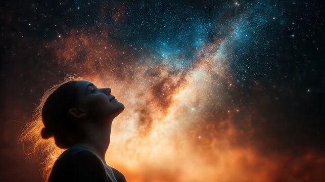 A woman gazes at the vibrant Milky Way, surrounded by cosmic beauty and vibrant colors, symbolizing wonder and infinity. The scene is artistically captivating.
