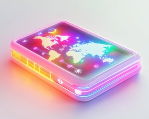 Colorful interactive digital map on glowing tablet, isolated on white background.