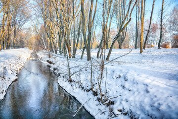 Breathtaking landscape in city park with snowy trees and beautiful reflection in frozen river.