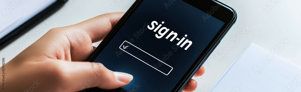 Aufkleber A hand holding a smartphone displaying a sign-in screen with a blank input field.