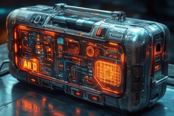 Futuristic technology case with glowing digital displays