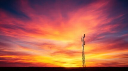 A stunning communication tower stands in silhouette against a breathtaking, vibrant sunset sky, capturing the essence of technology meets nature's beauty.