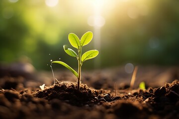 Sprouts of young plants sprout from the soil in sunlight