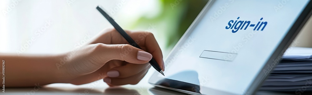 Aufkleber A hand using a stylus on a tablet displaying a sign-in screen.