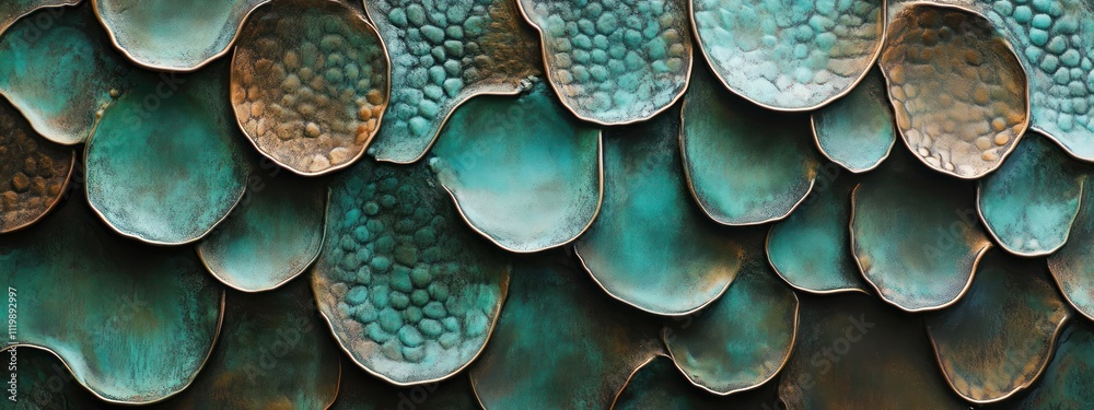 Poster A textured surface with overlapping circular shapes in shades of teal and copper.
