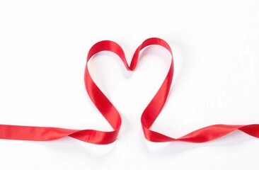 A vibrant red ribbon elegantly shaped like a heart on a white background