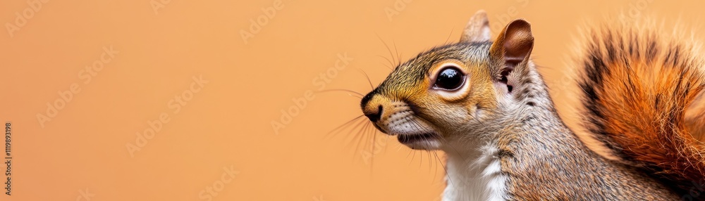 Poster close-up of a squirrel with a bushy tail against a warm background.