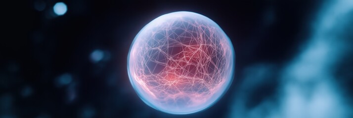 A glowing red and blue sphere in the sky. The sphere is surrounded by a network of lines