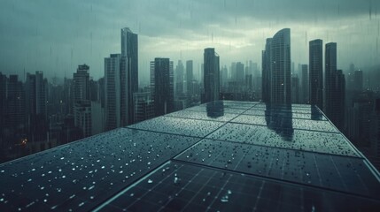 Obraz premium Urban Rooftop View with Solar Panels During Rain, Skyscrapers in Background, Grey Clouds Creating Dramatic Atmosphere, Environmentally Friendly Technology in City Landscape