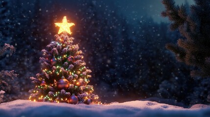 Naklejka premium Festive Christmas Tree Illuminated with Colorful Lights and a Star Sitting Amidst a Snowy Winter Landscape During a Gentle Snowfall at Night