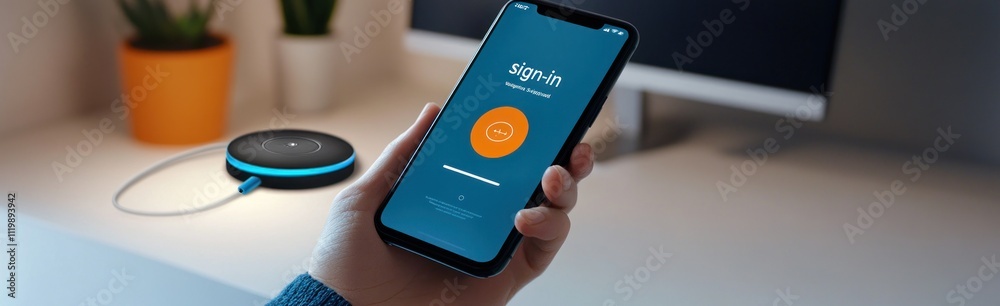 Aufkleber A smartphone displaying a login screen next to a smart device on a desk.