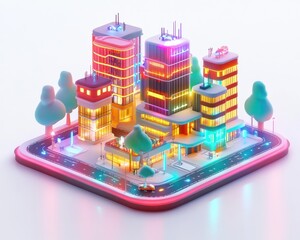 Obraz premium Colorful miniature cityscape with glowing buildings and trees, white isolate background