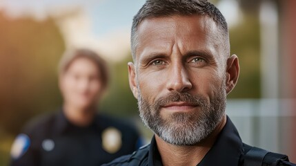 A confident officer with a slight smile stands in focus, while a blurred colleague provides context, showcasing professionalism and team spirit in modern policing.