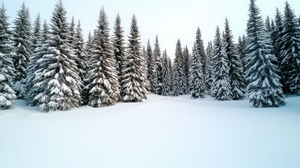 Fototapeta premium A serene winter landscape filled with snow-covered evergreen trees under a pale sky, creating a peaceful and picturesque scene.