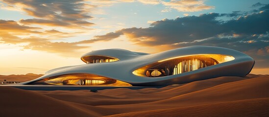 Obraz premium Futuristic desert house at sunset.