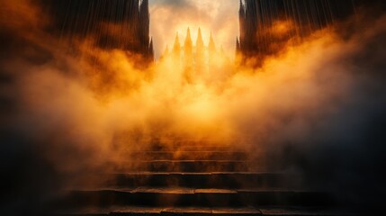 A mysterious scene featuring a stairway disappearing into glowing light, flanked by gothic spires, enveloped in an enigmatic and warm misty ambiance.