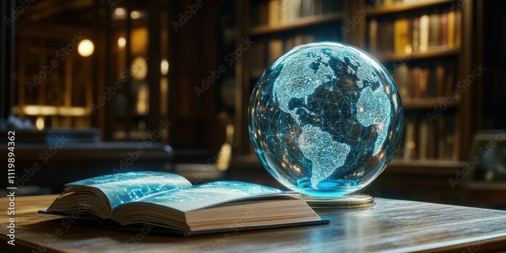 Poster a glowing globe beside an open book in a library, symbolizing knowledge and exploration.