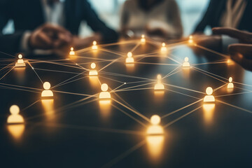 A group of businesspeople discussing ideas at a table with digital connection icons floating above, with copy space. Soft light. Professional workspace background. 