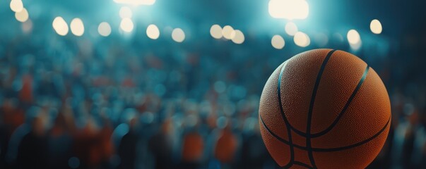 Close-up of a basketball on the court with an out-of-focus background suggesting an audience.