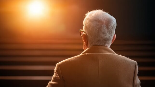 The back of a senior man in a coat is warmly illuminated by a bright, glowing sunrise, symbolizing hope and introspection amidst a serene environment.