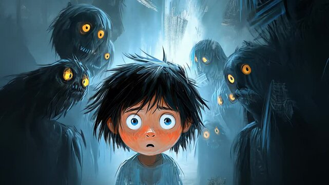A young boy stands in fear as shadowy, glowing-eyed creatures loom around him in an eerie setting, mysterious atmosphere