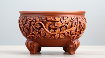A beautifully carved terracotta pot featuring intricate leaf designs, perfect for decorative or functional use.
