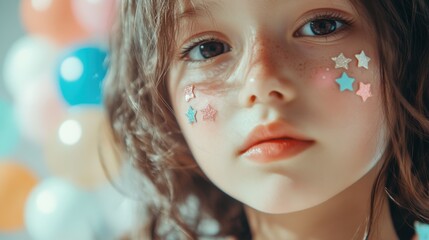 気まぐれな子供時代: 星のステッカーと遊び心のある風船を持つ日本の子供