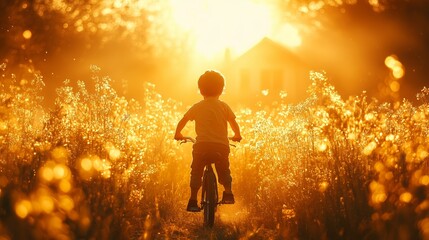Fototapeta premium Child riding a bicycle through golden field at sunset