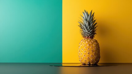 A pineapple, dipped in glossy black liquid, rests on a colorful yellow and teal surface, creating a striking artistic contrast and reflection on the surface.