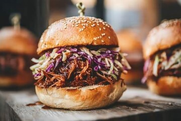 Close-up of a pulled pork slider with coleslaw on a brioche bun.