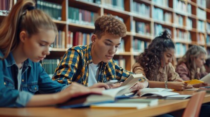 Fototapeta premium Young students researching inventions with modern technology in university libraries
