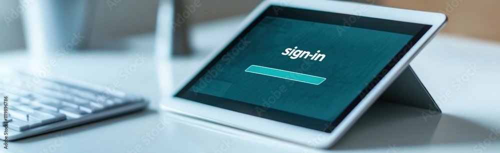 Poster A tablet displaying a sign-in screen on a desk with a keyboard nearby.