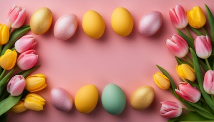 colorful easter eggs and pink and yellow tulips creating a border on a pink background