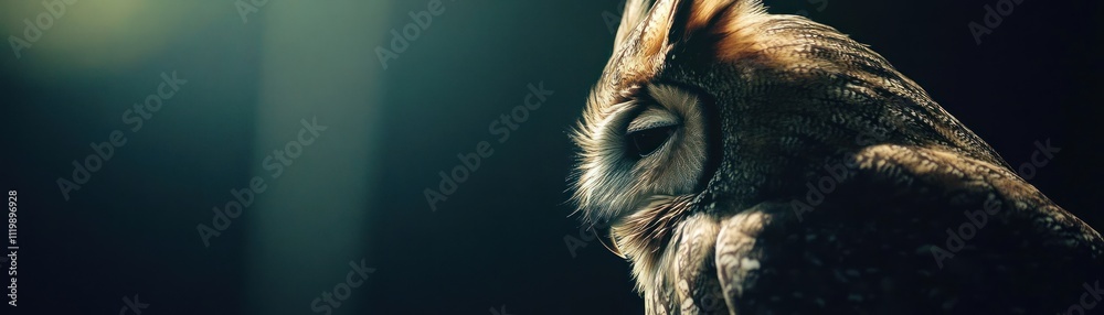 Aufkleber a close-up of an owl in soft lighting, showcasing its feathers and serene expression.