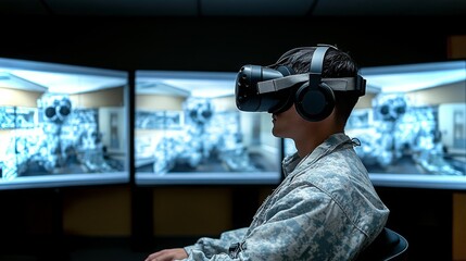 Military personnel using virtual reality technology for training in a modern facility