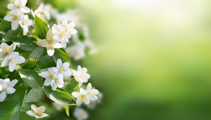 Fototapeta premium spring border blooming jasmine bush on a green background soft selective focus with copy space