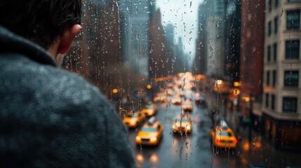 A silhouette of an individual gazes out a rain-spattered window, observing city life as yellow...